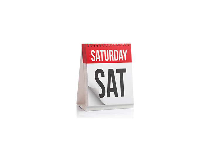 A red-topped desk calendar showing SATURDAY and SAT with a page peeling back.