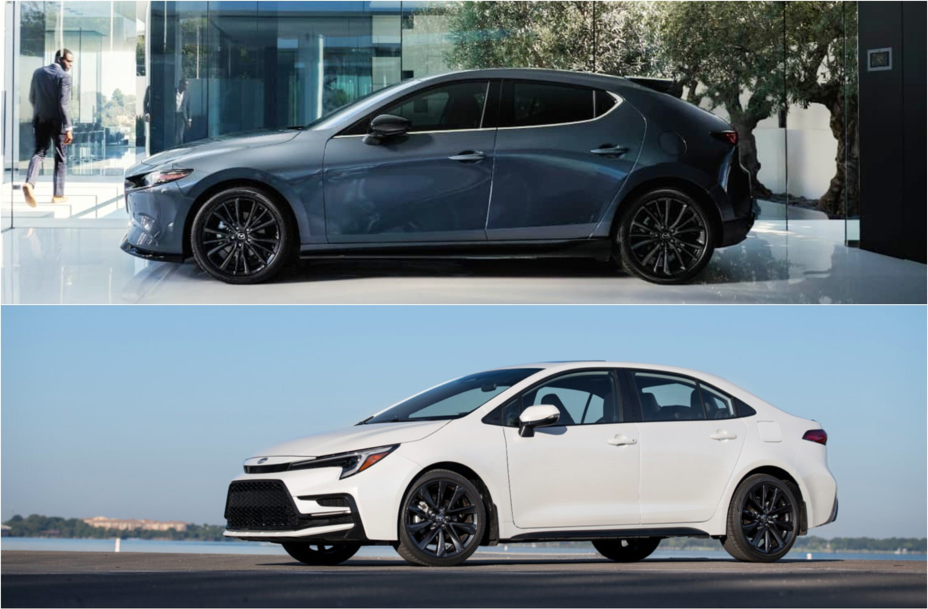 Top: profile of a dark gray hatchback outside a modern building. Bottom: profile of a white sedan with black rims by water.