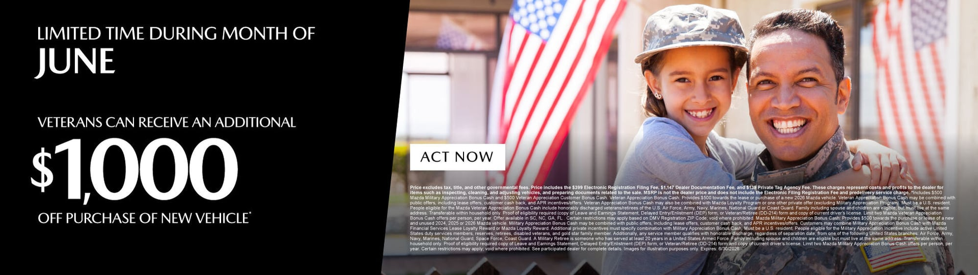 Veterans can receive an additional $1000 off on new car . 
